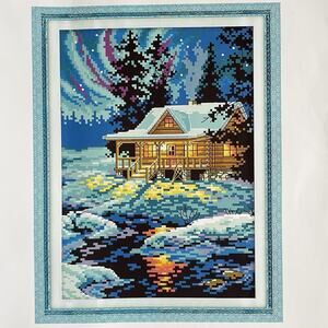 Winter Cabin Night of the Arctic Stamped Cross Stitch Kit Joy Sunday 10.5 x 15"
